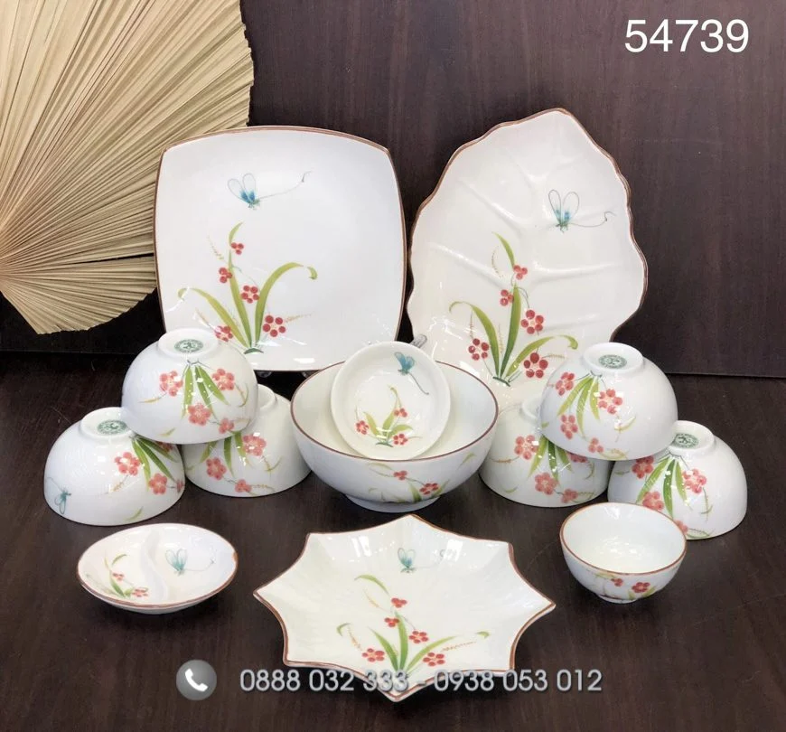 Bát đĩa nhà hàng men kem vẽ đào chuồn