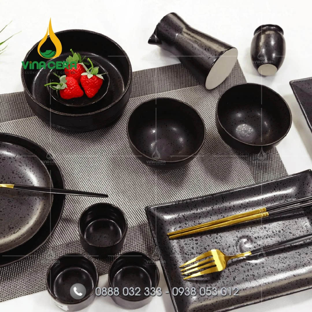 Địa chỉ kho cung cấp bát đĩa sứ trắng – tô chén sứ trắng Bát đĩa nhà hàng men đen chấm sơn