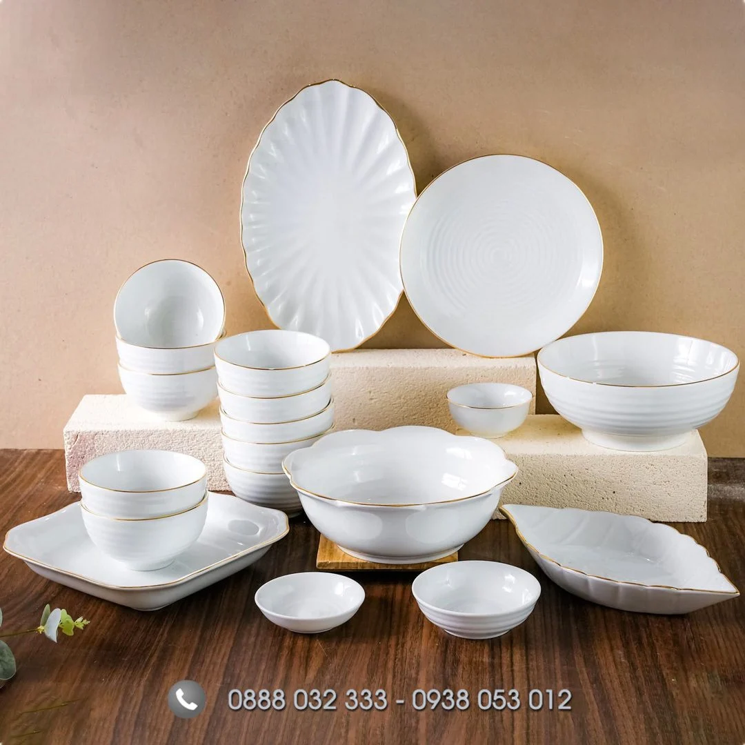 Bát đĩa nhà hàng sứ trắng viền vàng