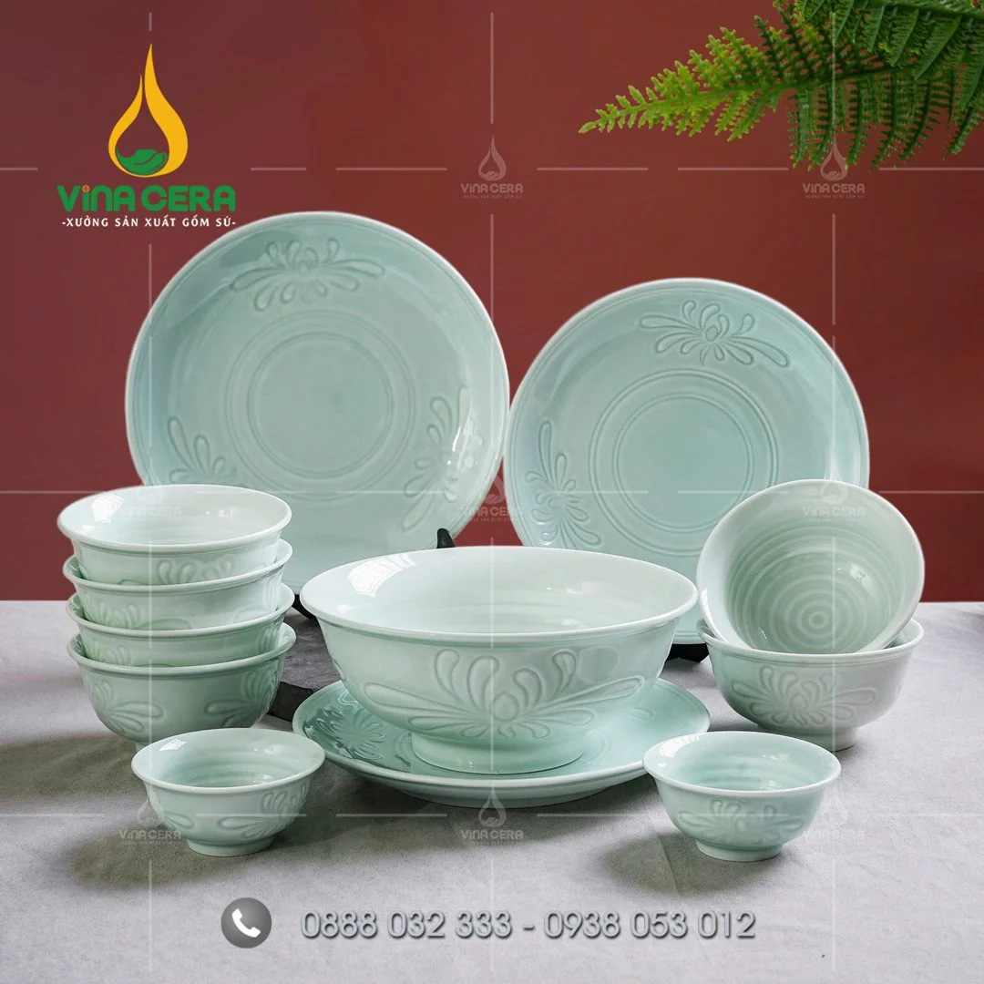 Địa chỉ kho cung cấp bát đĩa sứ trắng – tô chén sứ trắng Bát đĩa nhà hàng men xanh ngọc Vina Cera