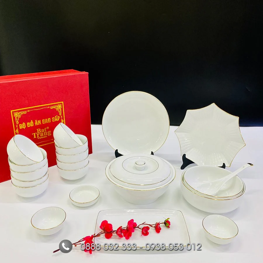 Cung cấp chén dĩa sứ trắng giá rẻ tphcm xuất khẩu Bát đĩa nhà hàng sứ trắng viền vàng