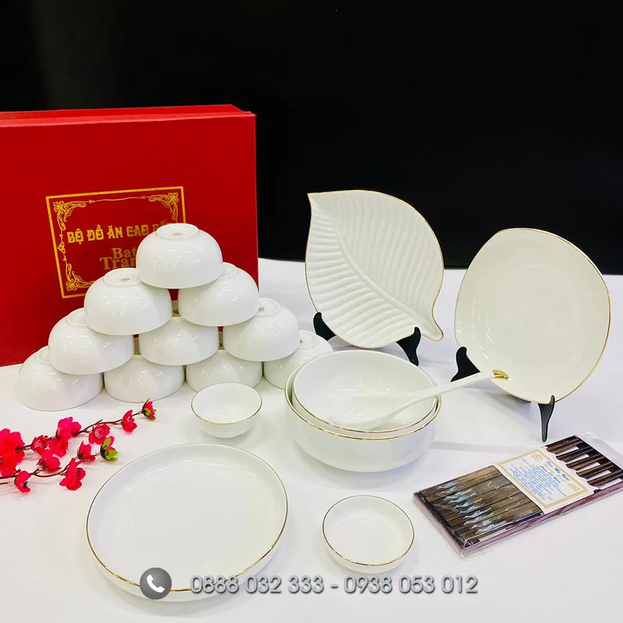 Bát đĩa nhà hàng sứ trắng viền vàng