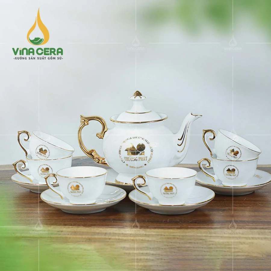 Xưởng sản xuất ấm trà in logo uy tín chất lượng nhất Bộ Ấm Trà Vẽ Vàng
