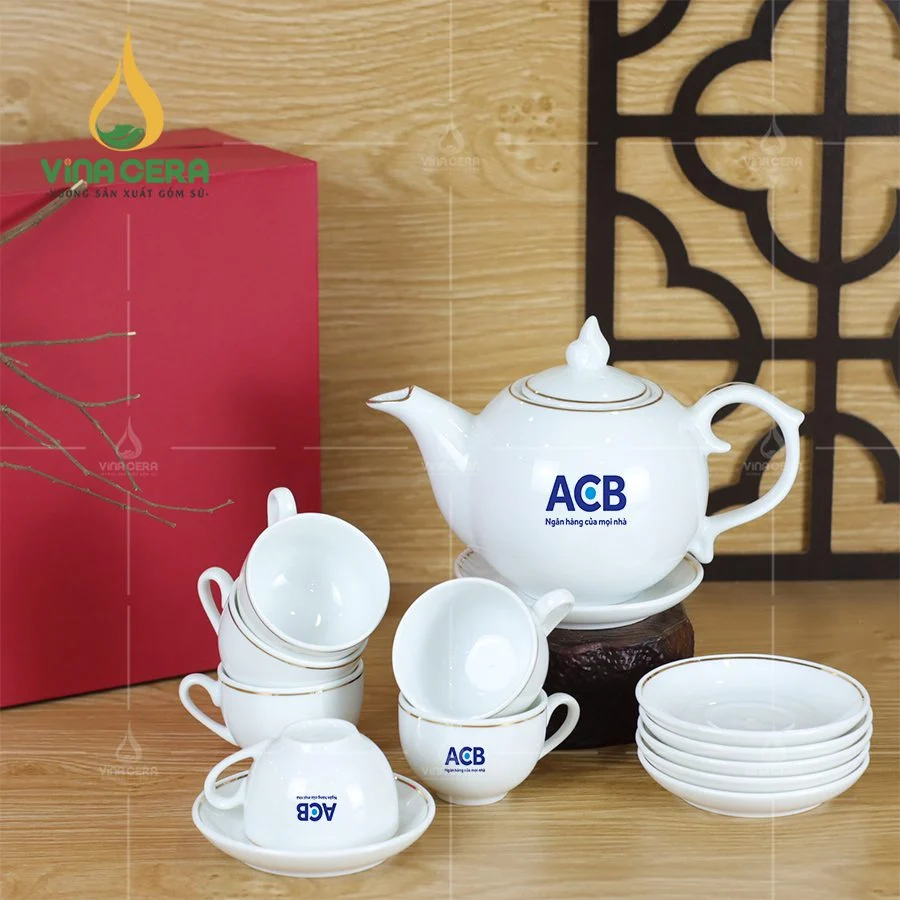 Xưởng sản xuất ấm trà in logo uy tín chất lượng nhất ấm chén chỉ vàng