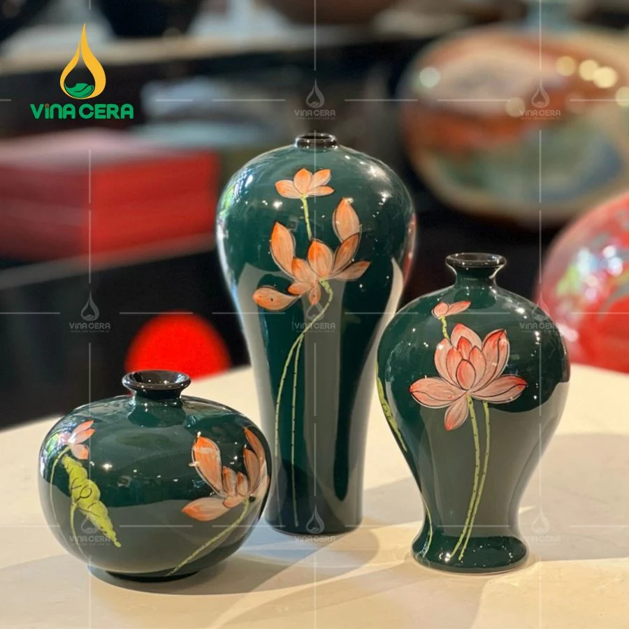 Bình Hoa Men Xanh Sen Gấm Vẽ Vàng