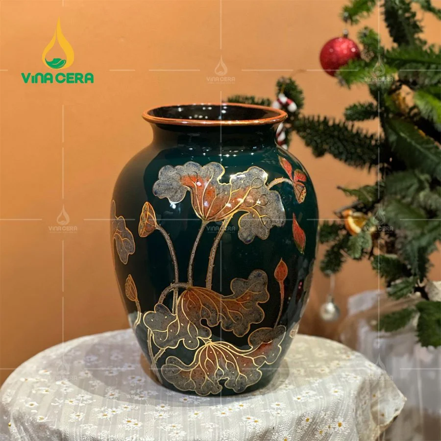 Bình Hoa Men Xanh Sen Gấm Vẽ Vàng