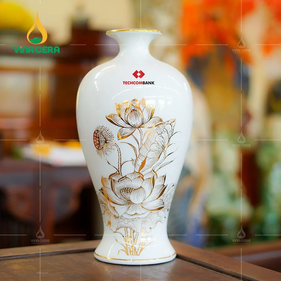Bình hoa vẽ vàng in logo