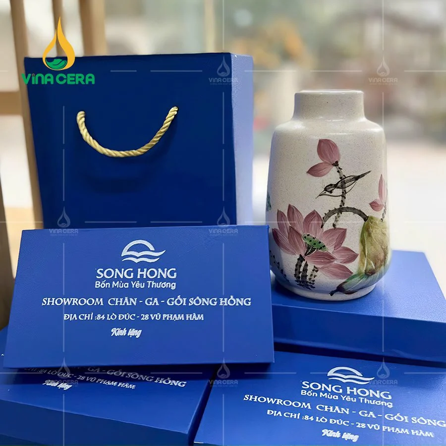 bộ 3 lọ hoa men xước vẽ Sen