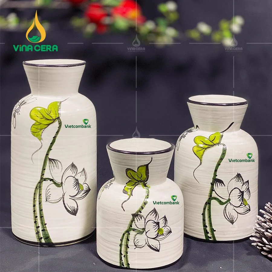 bộ 3 lọ hoa men xước vẽ Sen