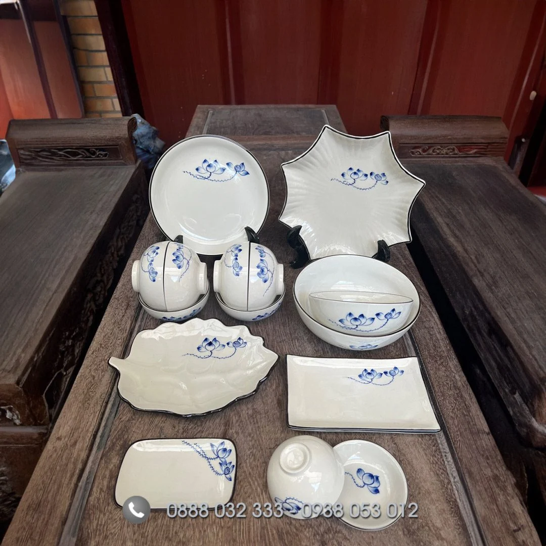 Giá gốm sứ Minh Châu cao cấp – sản phẩm bán chạy nhất hiện nay Bát đĩa nhà hàng vẽ họa tiết cá xanh