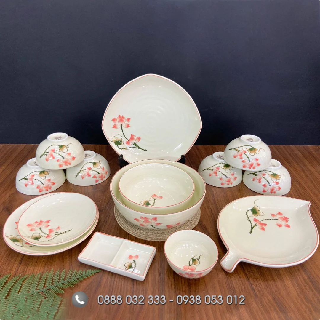Cung cấp bộ bát đĩa sứ cao cấp – bát đĩa đẹp xuất khẩu Bát đĩa nhà hàng men kem hoa sen hồng