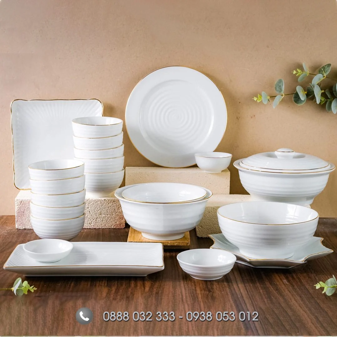 Bát đĩa nhà hàng sứ trắng viền vàng
