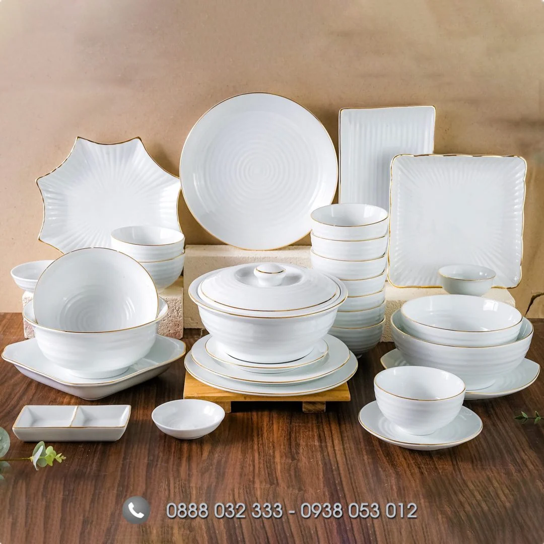 Bát đĩa nhà hàng sứ trắng viền vàng