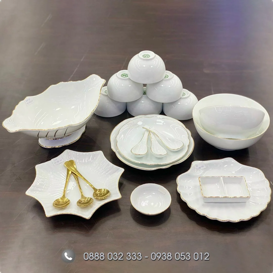 Mua Bộ Chén Đĩa Minh Châu Ở Đâu ? Bát Đĩa Đẹp Xuất Khẩu Bát đĩa nhà hàng sứ trắng viền vàng