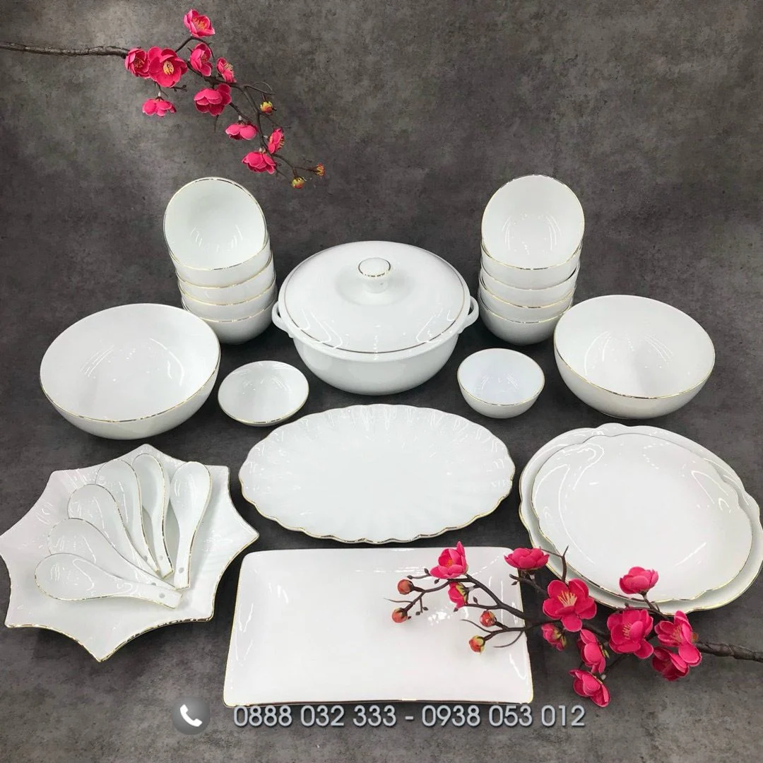 Bát đĩa nhà hàng sứ trắng viền vàng