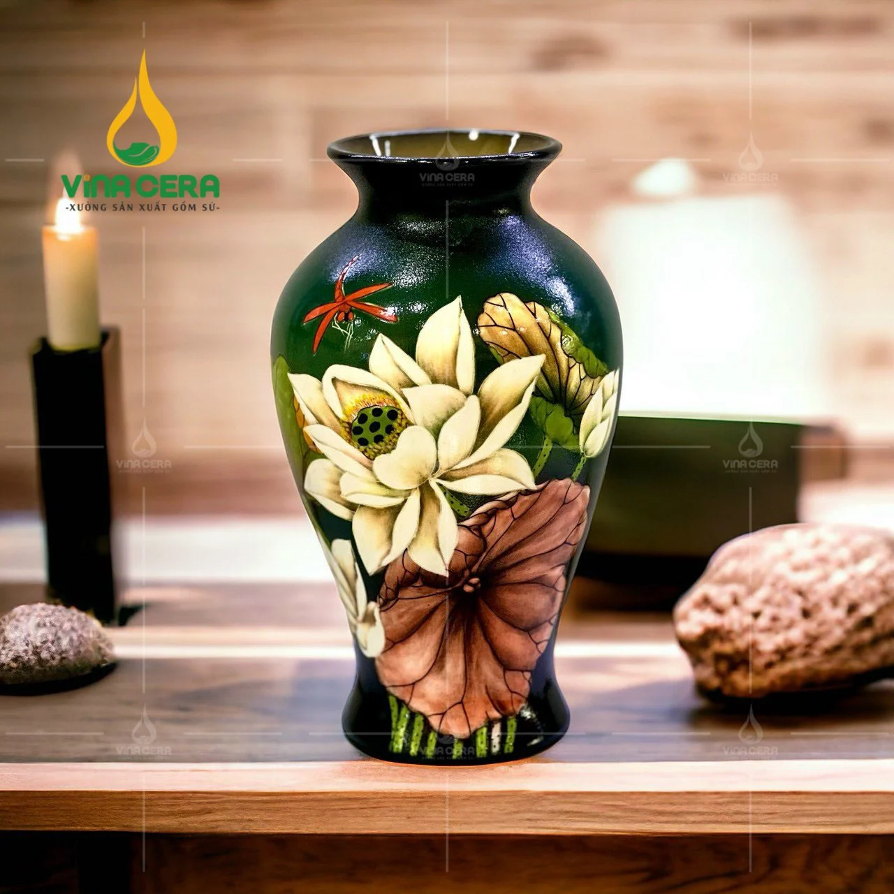 Bình hoa Bát Tràng men gốm vẽ hoa sen