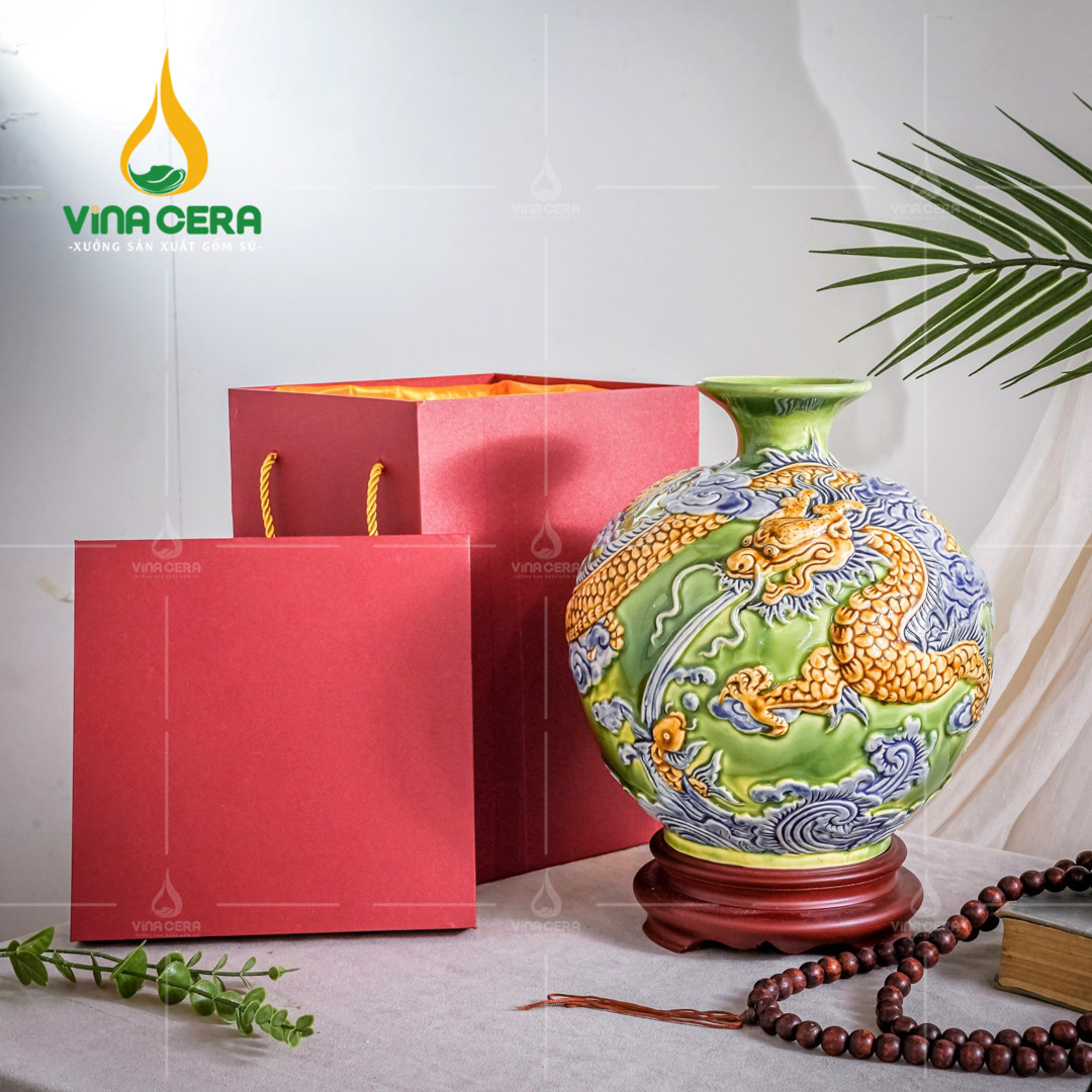 Bình hút lộc đắp nổi Long Quấn Thủy