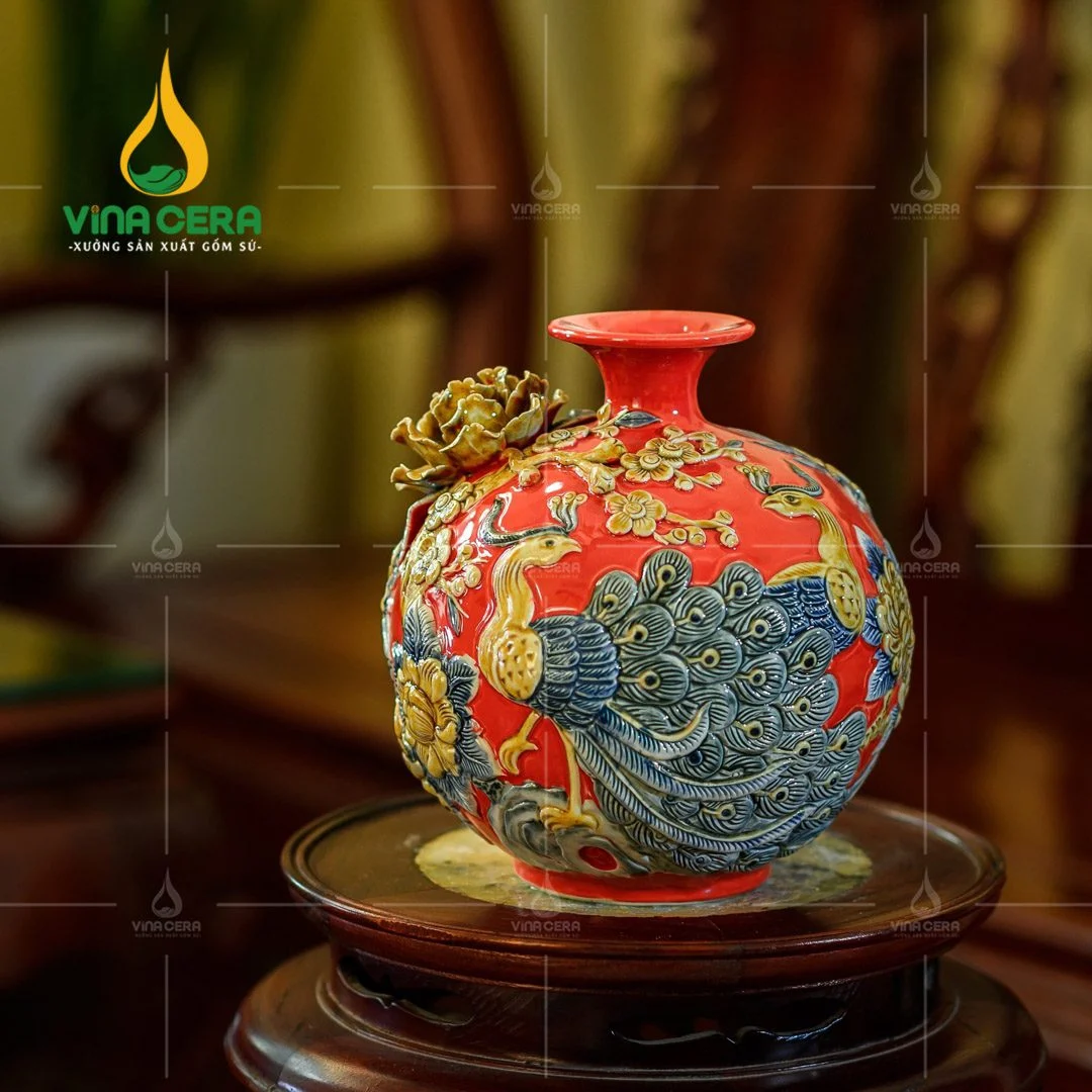 Bình hút lộc Đôi công đắp nổi Hoa phù dung
