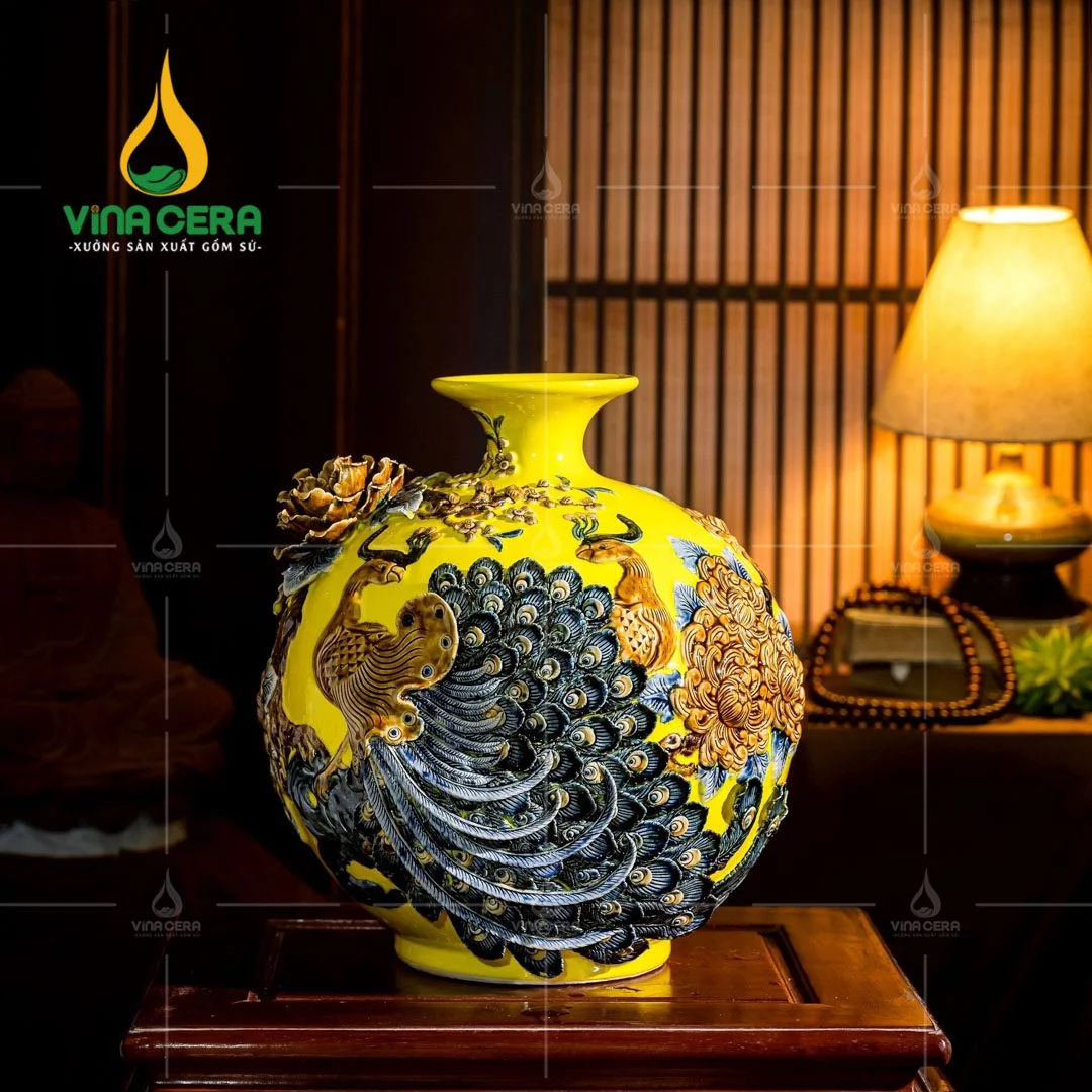 Bình hút lộc Đôi công đắp nổi Hoa phù dung