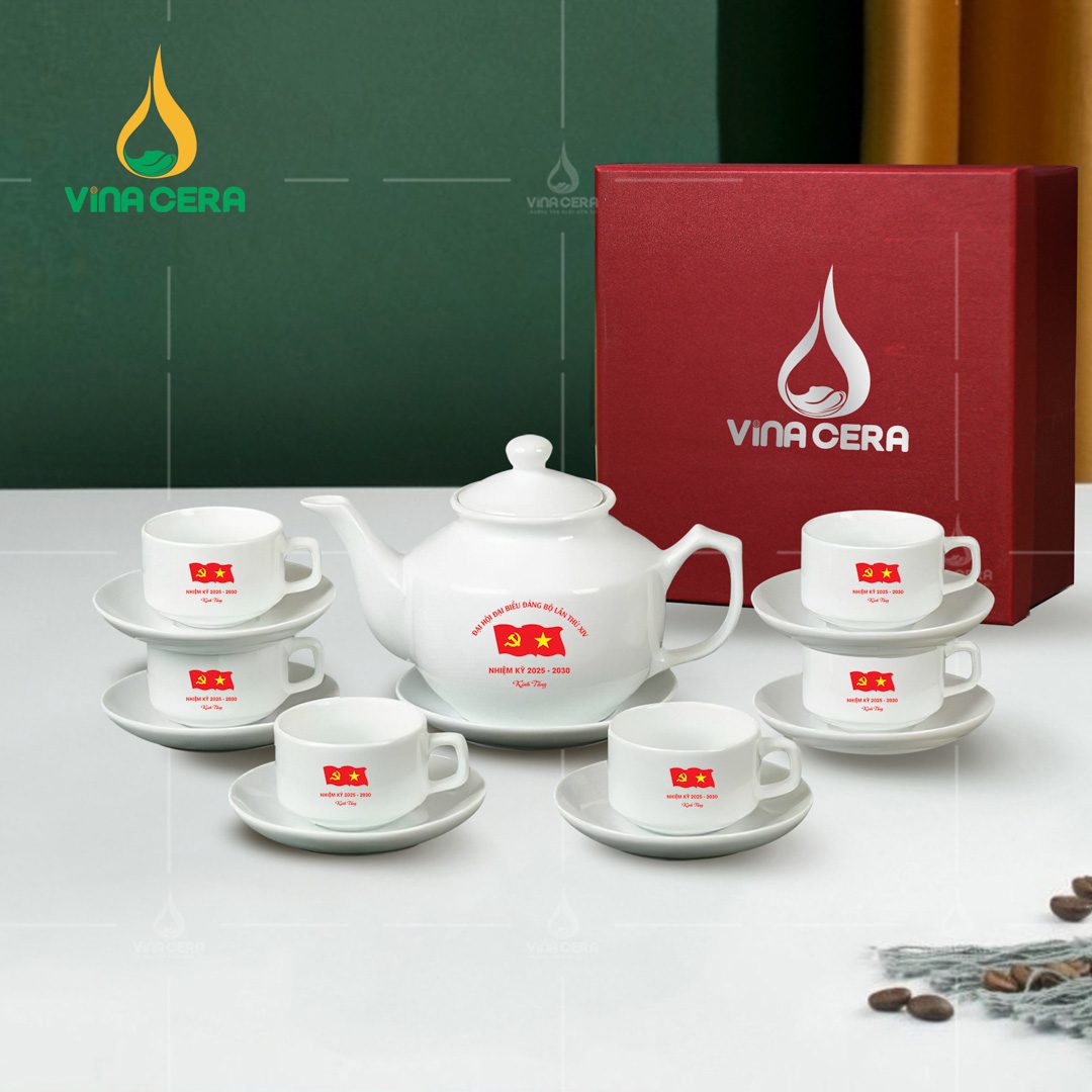 Top 5+ Mẫu Quà Tặng Đại Hội Đảng 2025 Được Yêu Thích Nhất Bộ ấm trà sứ trắng in logo Đại hội
