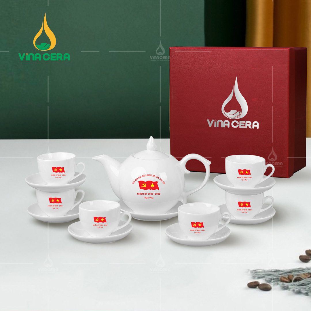 Bộ ấm trà sứ trắng in logo Đại hội