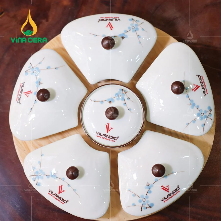Khay Mứt In Logo Quà Tết cho doanh nghiệp khay mứt sứ Bát tràng cao cấp hoa mặt trời (1)