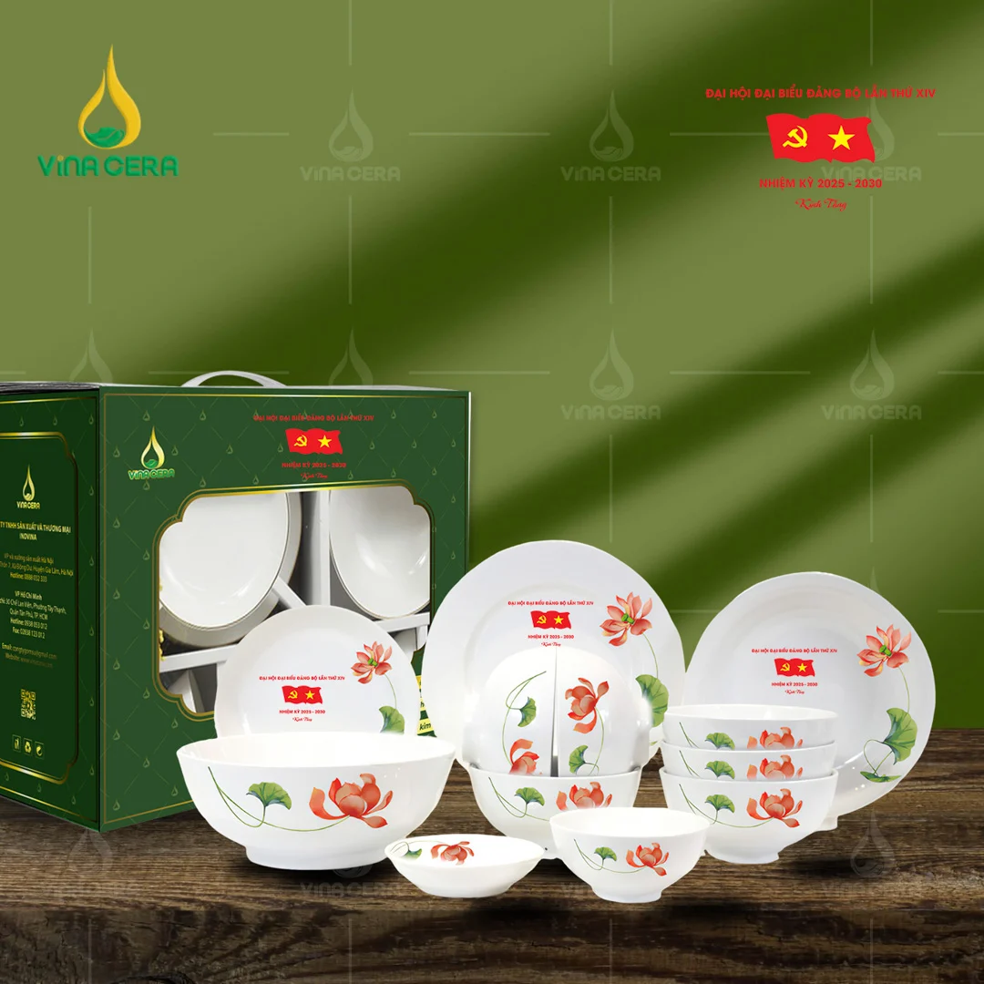 Sứ Minh Châu – Xưởng sản xuất gốm sứ nhà hàng khách sạn phổ biến nhất tại Việt Nam Bộ bàn ăn in logo Đại hội Đảng