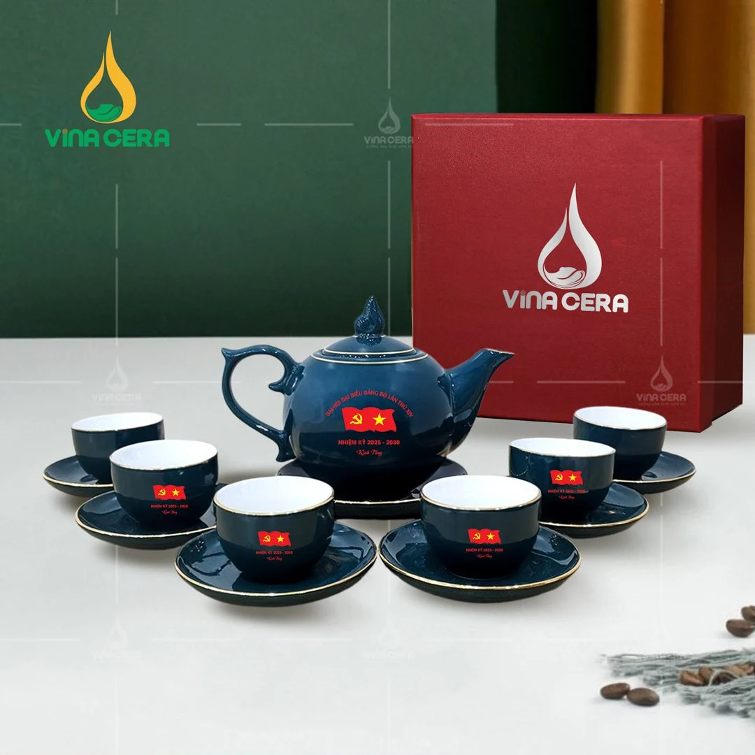 Top 10 Bộ Ấm Trà In Logo Quà Tặng Ấn Tượng Nhất 2024 Bộ ấm trà sứ men màu in logo Đại hội