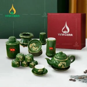 Bộ ấm trà sứ men màu in logo Đại hội