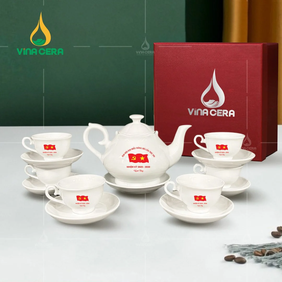 Xưởng sản xuất ấm trà in logo uy tín chất lượng nhất Bộ ấm trà sứ trắng in logo Đại hội