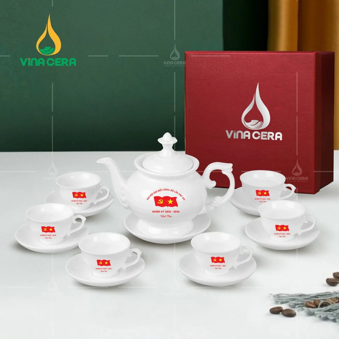 Xưởng Gốm Sứ – địa chỉ cung cấp sứ Minh Châu cao cấp nhất hiện nay Bộ ấm trà sứ trắng in logo Đại hội