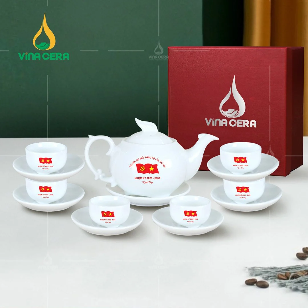 Top 5+ Mẫu Quà Tặng Đại Hội Đảng 2025 Được Yêu Thích Nhất Bộ ấm trà sứ trắng in logo Đại hội