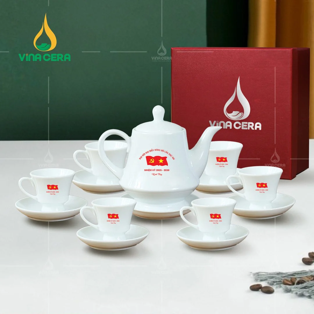 Top 10 Bộ Ấm Trà In Logo Quà Tặng Ấn Tượng Nhất 2024 Bộ ấm trà sứ trắng in logo Đại hội