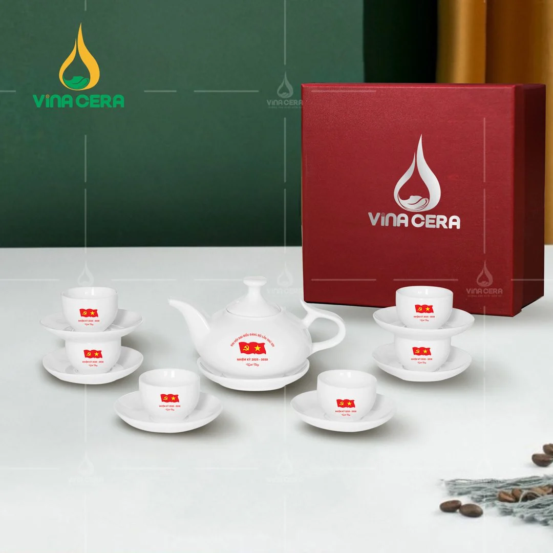 Top 5+ Mẫu Quà Tặng Đại Hội Đảng 2025 Được Yêu Thích Nhất Bộ ấm trà sứ trắng in logo Đại hội