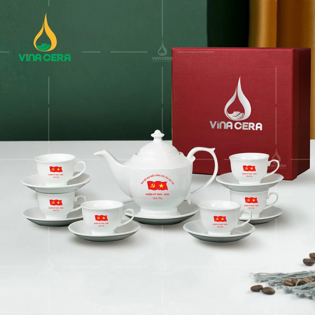 Top 10 Bộ Ấm Trà In Logo Quà Tặng Ấn Tượng Nhất 2024 Bộ ấm trà sứ trắng in logo Đại hội