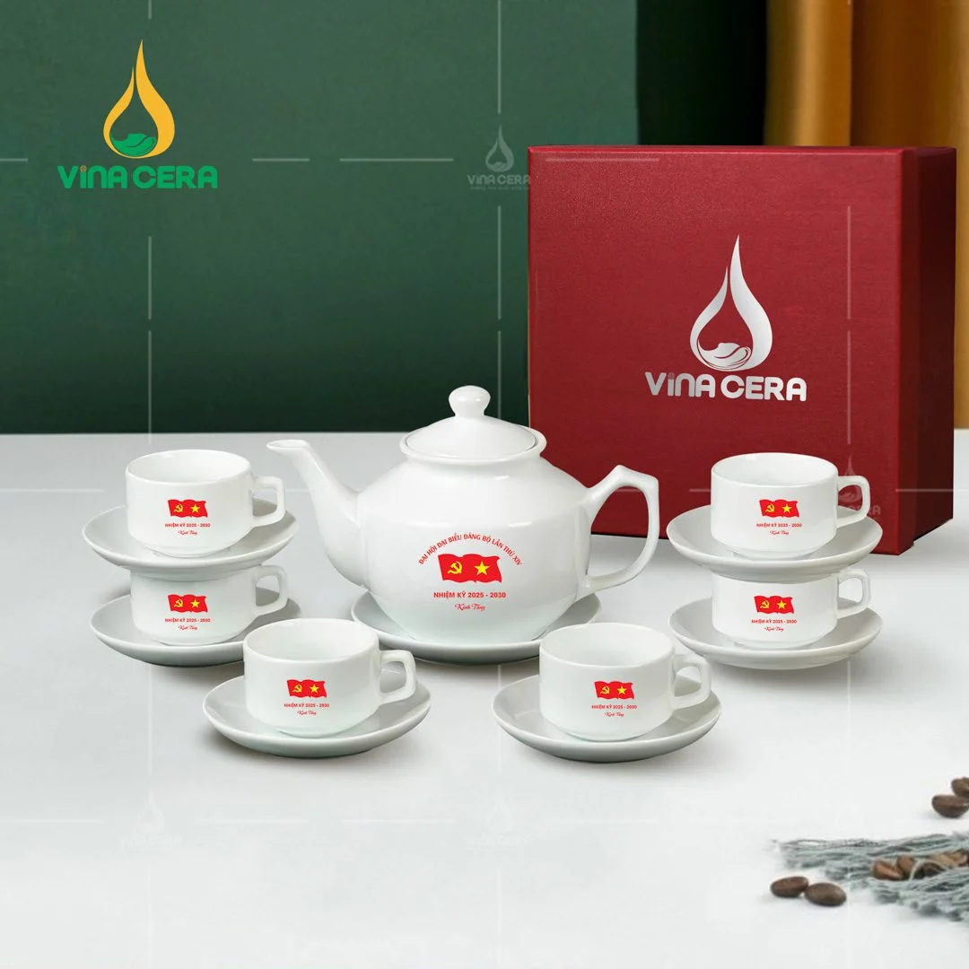 Top 5+ Mẫu Quà Tặng Đại Hội Đảng 2025 Được Yêu Thích Nhất Bộ ấm trà sứ trắng in logo Đại hội