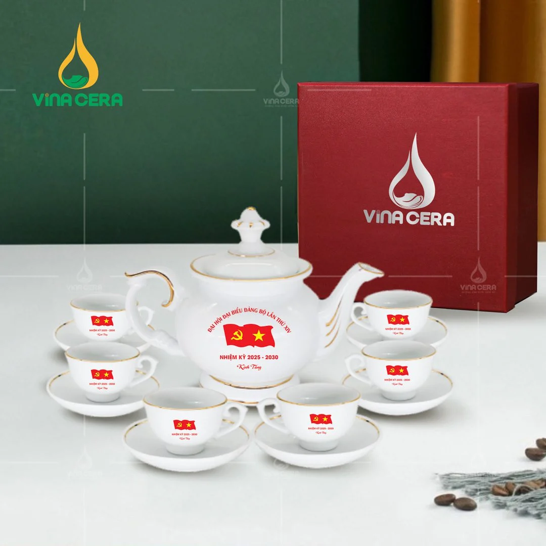 Các Mẫu Quà Tặng Đại Hội Đảng Mới Nhất Tại Tp.HCM Bộ ấm trà sứ trắng kẻ chỉ in logo Đại hội