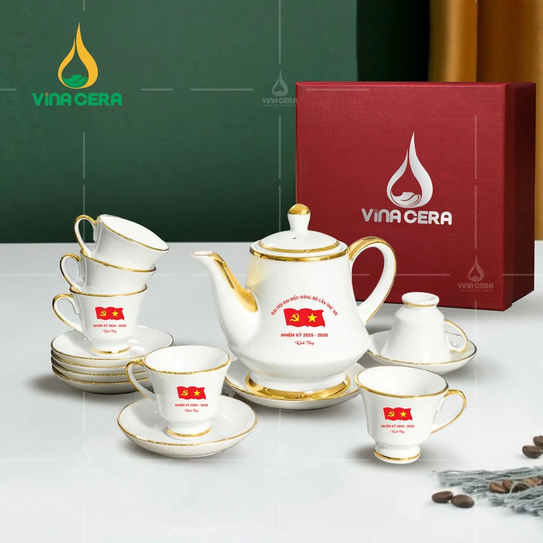 Các Mẫu Quà Tặng Đại Hội Đảng Mới Nhất Tại Tp.HCM Bộ ấm trà sứ trắng kẻ chỉ in logo Đại hội