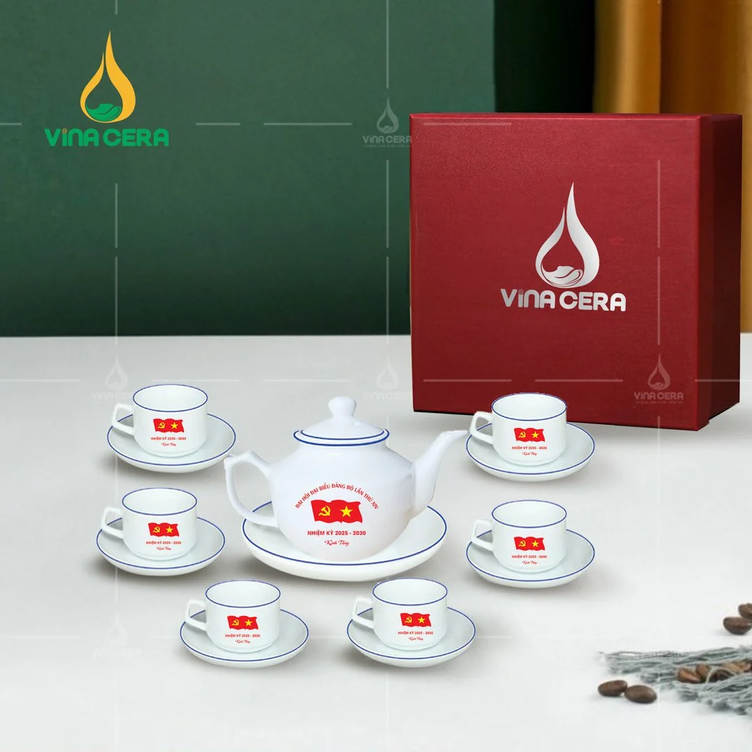Top 5+ Mẫu Quà Tặng Đại Hội Đảng 2025 Được Yêu Thích Nhất Bộ ấm trà sứ trắng kẻ chỉ in logo Đại hội