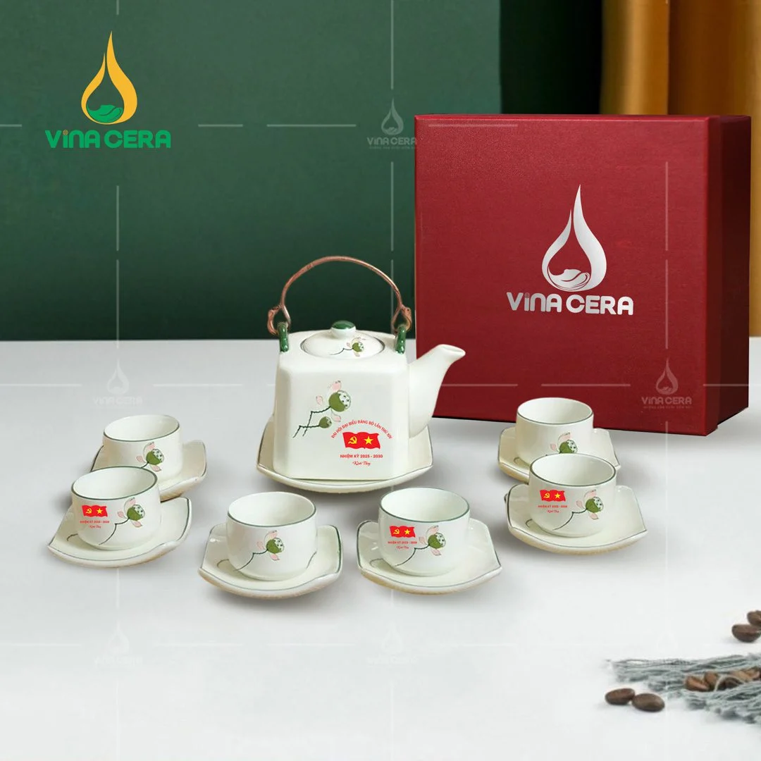 Top 5+ Mẫu Quà Tặng Đại Hội Đảng 2025 Được Yêu Thích Nhất Bộ ấm trà vẽ đài sen in logo Đại hội