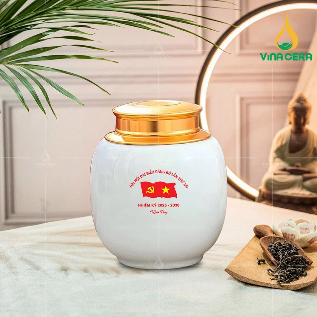 Top Mẫu Quà Tặng Đại Hội Đảng 2025: Ý Nghĩa & Chất Lượng Hũ đựng trà in logo Đại hội