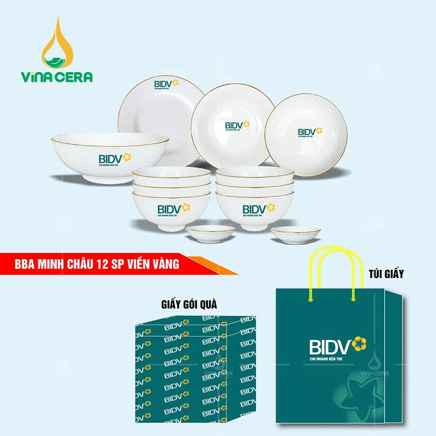 Bộ bàn ăn in logo làm quà tặng ý nghĩa cho công nhân bát đĩa sứ minh châu