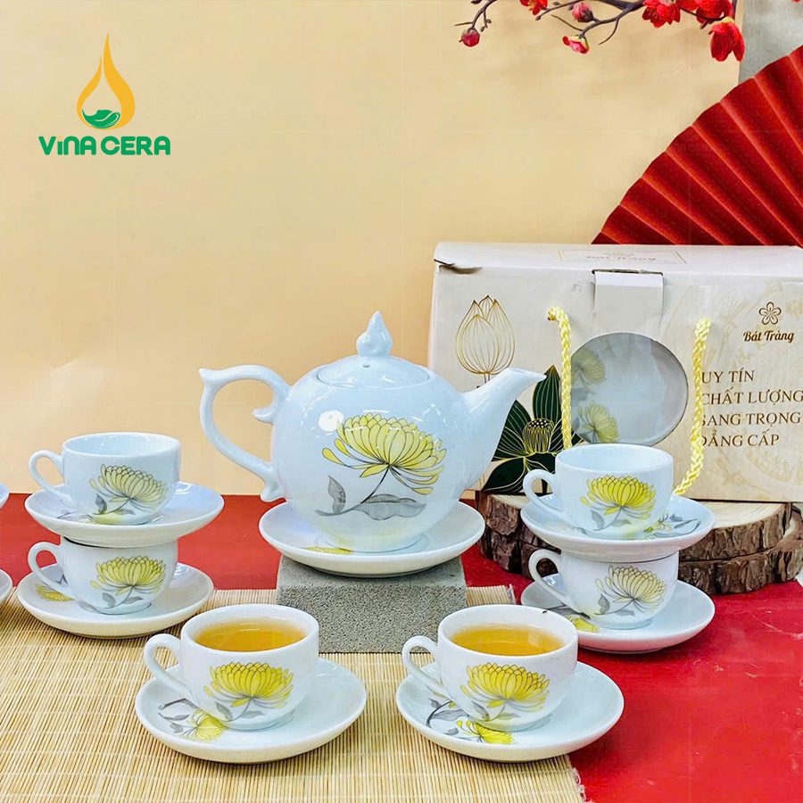 Ấm Trà Bát Tràng Đẹp - Món Quà Tết Ý Nghĩa Cho Mọi Nhà Bộ Ấm Trà Dáng Bưởi Hoa Cúc Vàng