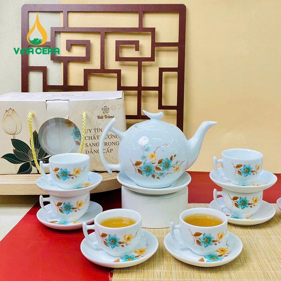 Ấm Trà Bát Tràng Đẹp - Món Quà Tết Ý Nghĩa Cho Mọi Nhà Bộ ấm chén bưởi cành vẽ hoa vàng Bát Tràng