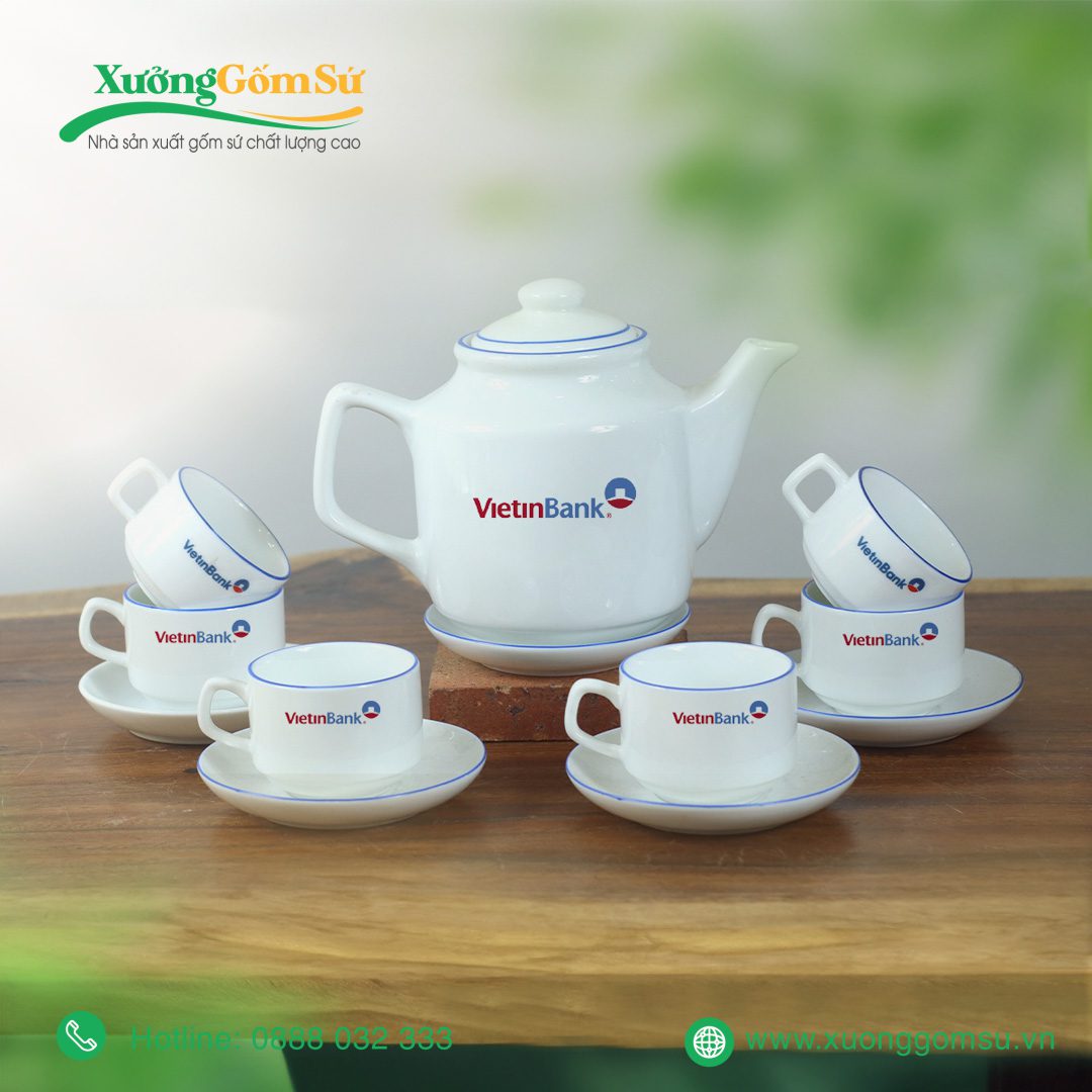 ấm chén sứ trắng vuông in logo ngân hàng