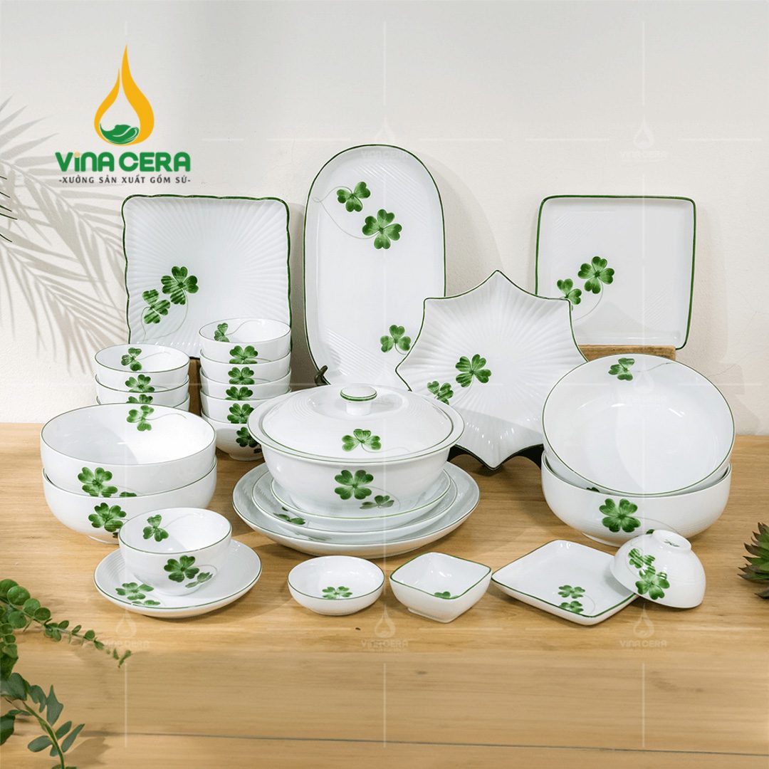 Chọn mua bộ bàn ăn 12SP viền kim xanh cao cấp làm quà tặng Công Đoàn, Đại Hội Đảng Bộ chén đĩa sứ Bát Tràng