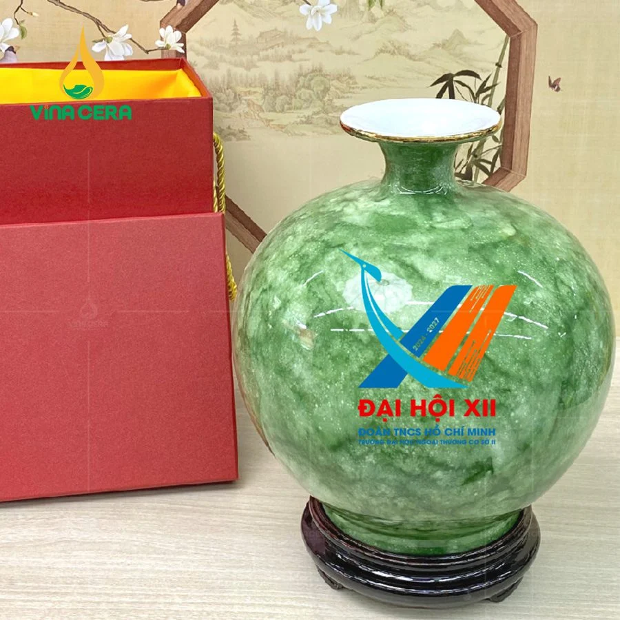 Bộ ấm trà Sứ Minh Châu làm quà tặng 30/4 in logo cho các tổ chức Bình Hút Tài Lộc Men Vân Đá in logo quà tặng (7)